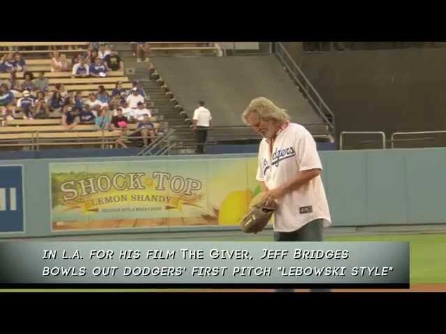 Jeff Bridges channels The Dude and bowls the first pitch at a Dodgers game