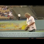 Jeff Bridges channels The Dude and bowls the first pitch at a Dodgers game