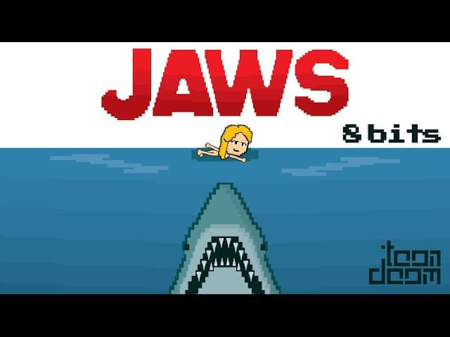 That poor shark finally gets to be the hero in this 8-bit Jaws remake