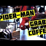 Spider-Man drops in on some Starbucks customers