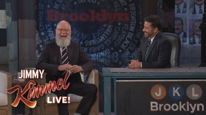 Cantankerous prospector David Letterman emerges on Jimmy Kimmel Live! to refute Conan’s horse story