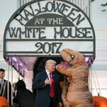 Dinosaur costume strikes terror into heart of world leader