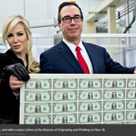 Steven Mnuchin and Louise Linton briefly deign to touch paper money