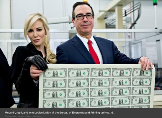 Steven Mnuchin and Louise Linton briefly deign to touch paper money