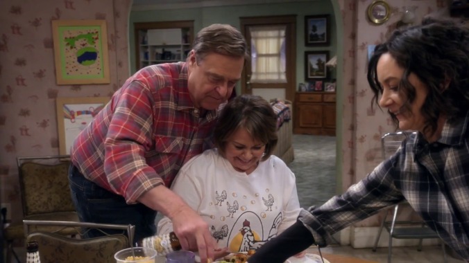 The opening credits for the new Roseanne are still going around that same old kitchen table