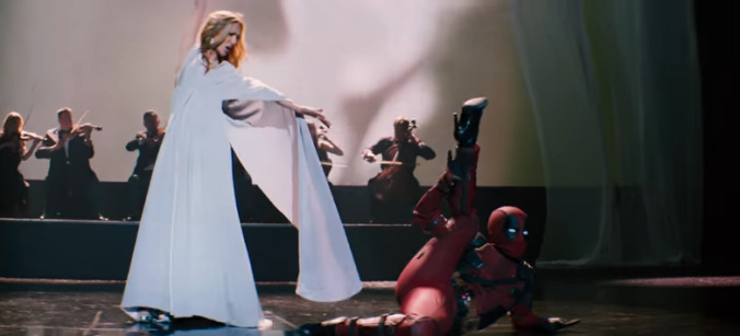 Deadpool performs an interpretive dance for Celine Dion in the video for "Ashes" 