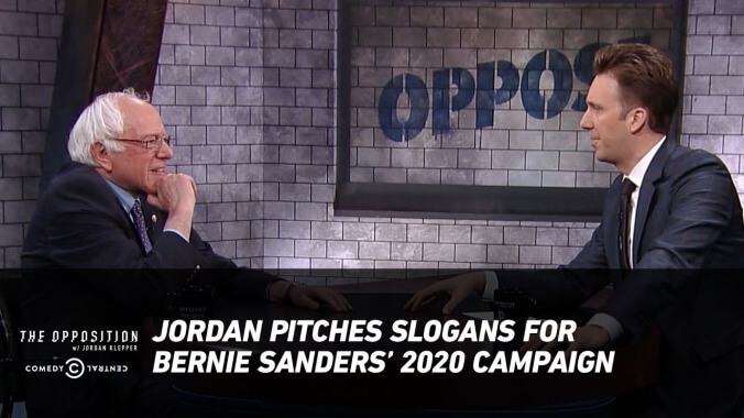 Faux asshole Jordan Klepper gets fake yelled at by Bernie Sanders on The Opposition