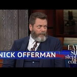 Nick Offerman judges Stephen Colbert's wood on The Late Show