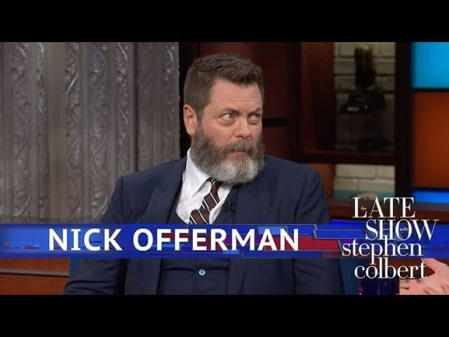 Nick Offerman judges Stephen Colbert's wood on The Late Show