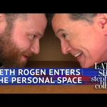 Seth Rogen regales The Late Show with his adventures in Trumpland, hotboxes Stephen Colbert