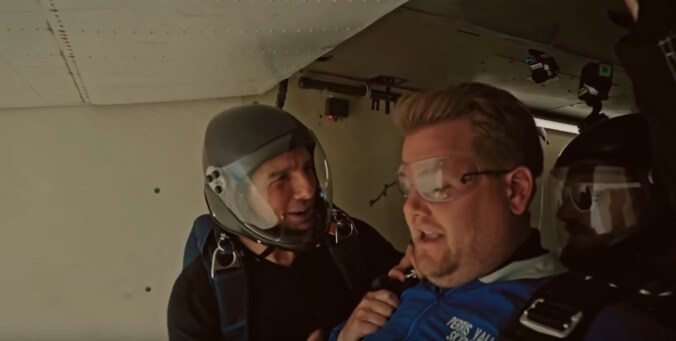 James Corden seems genuinely terrified getting thrown out of a plane by Tom Cruise