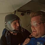 James Corden seems genuinely terrified getting thrown out of a plane by Tom Cruise