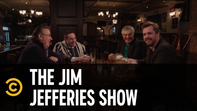 Drunk atheist Jim Jefferies tries to broker Middle East peace with a trio of churchy types