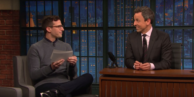Andy Samberg treats Seth Meyers to some of his rejected Golden Globes jokes 