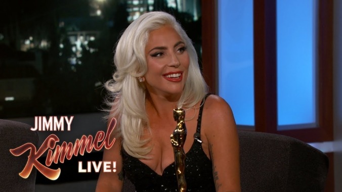 Lady Gaga sinks the Bradley Cooper shippers and shows off her Oscar on Jimmy Kimmel Live!