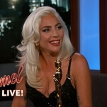 Lady Gaga sinks the Bradley Cooper shippers and shows off her Oscar on Jimmy Kimmel Live!