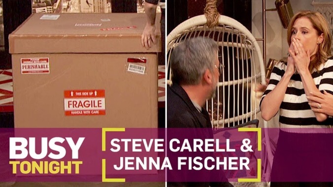 Steve Carell pops out of a box, scares the ever-loving shit out of Jenna Fischer