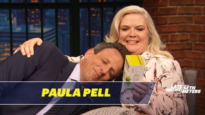 Paula Pell cradles Seth Meyers while talking Documentary Now! and new character Nana Teabags