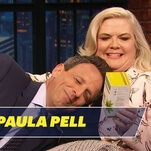 Paula Pell cradles Seth Meyers while talking Documentary Now! and new character Nana Teabags