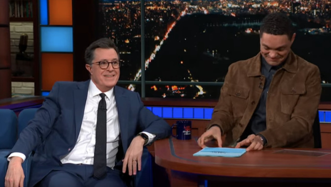 Trevor Noah takes Stephen Colbert's job, asks about how badly Colbert originally sucked at it