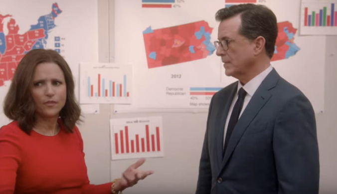 Stephen Colbert hops to the Veep universe to beg Selina Meyer to stop fucking up ours