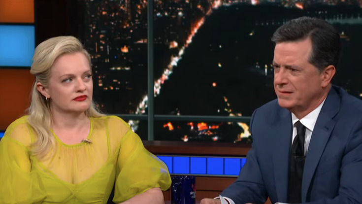 Stephen Colbert challenges champion weeper Elisabeth Moss to a cry-off