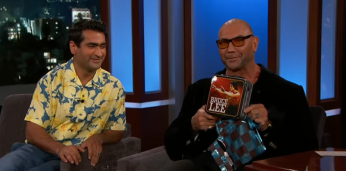 Dave Bautista finally gets his Stuber wrap gift from Kumail Nanjiani on Jimmy Kimmel Live!