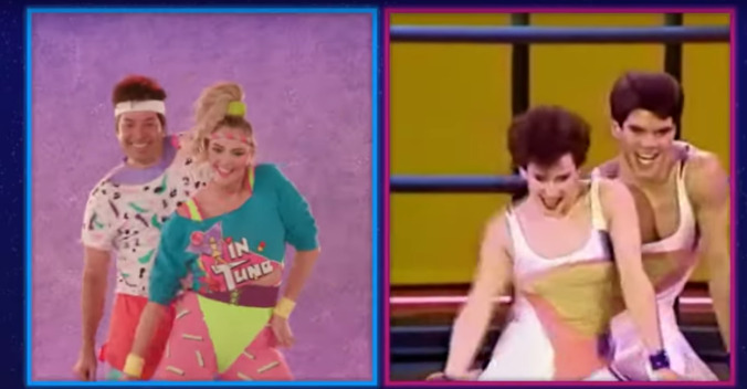 Jimmy Fallon and Kate Upton feel the burn in an ’80s aerobics dance challenge