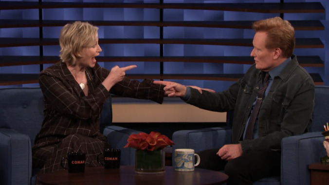 Jane Lynch tells Conan why Hollywood Game Night cut back the booze, cueing celebrity speculation