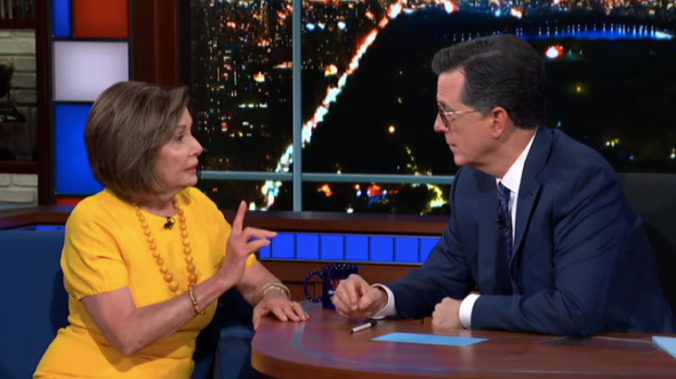 Nancy Pelosi ends a momentous day by telling Stephen Colbert, "No one is above the law"