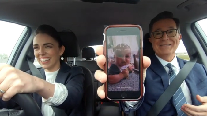 Stephen Colbert kicks off New Zealand week with an airport pickup by the Prime Minister