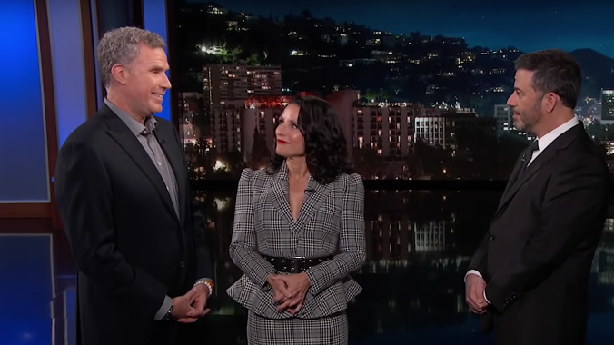 Julia Louis-Dreyfus and Will Ferrell interrupt Kimmel's monologue to debut the Downhill trailer