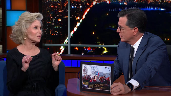 Jane Fonda gives Stephen Colbert advice on getting arrested to save the planet