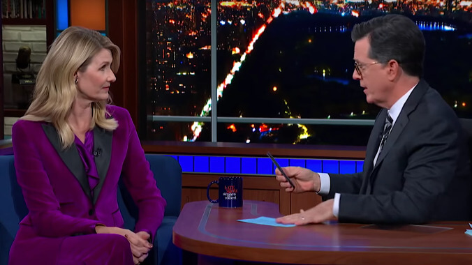 Laura Dern refuses to confirm or deny those Baby Yoda rumors to Stephen Colbert