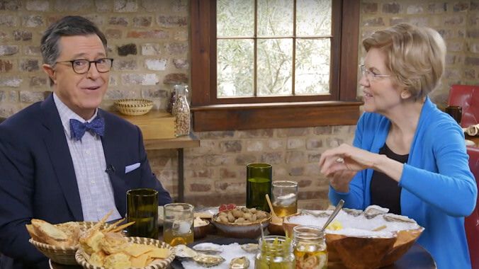 Stephen Colbert grills Elizabeth Warren on billionaires, Trump, South Carolina cuisine