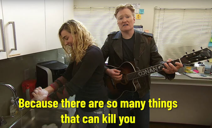 Conan calmly and rationally warns his staff about coronavirus