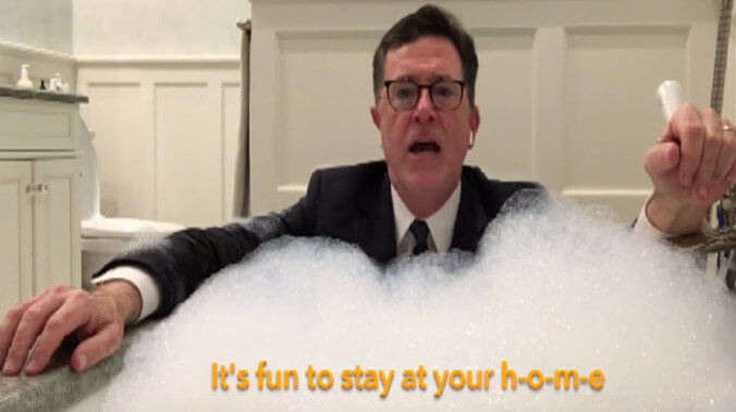 Stephen Colbert’s latest social-distancing innovation: The bathtub monologue