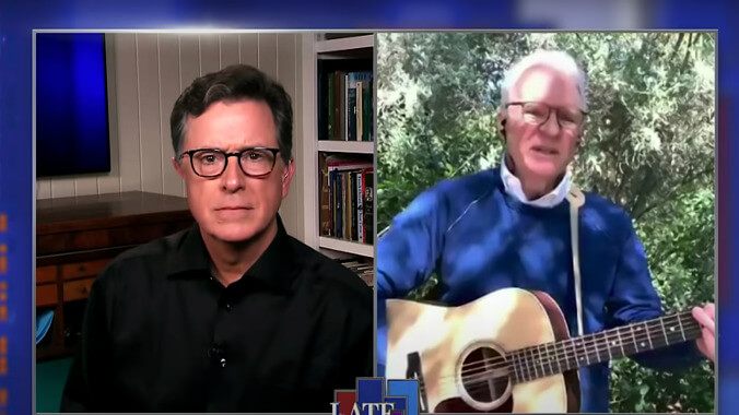 Stephen Colbert simply will not let Steve Martin inflict another "Imagine" on us