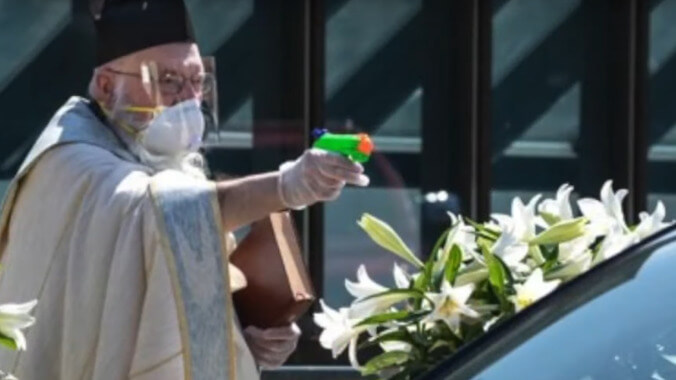 Priests now shooting (water) guns at babies and food