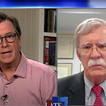 Stephen Colbert tries not to laugh in the face of former Trump enabler John Bolton