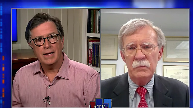 Stephen Colbert tries not to laugh in the face of former Trump enabler John Bolton