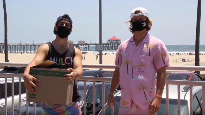 Watch a pair of friendly bros brave numerous bad vibes in attempt to hand out free masks