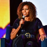 Michelle Obama welcomes a familiar guest at the launch of her new podcast