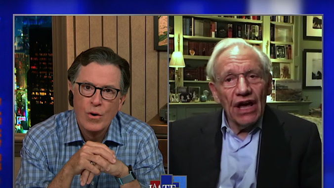 Stephen Colbert tries to act shocked at Bob Woodward's revelations of Trump's deadly COVID lies