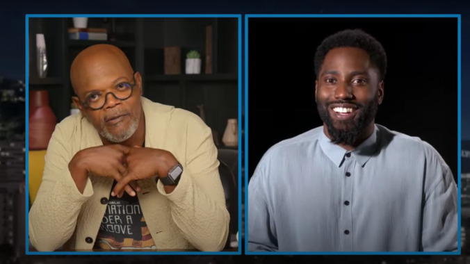 John David Washington is adorably tongue-tied in interview with "uncle" Sam Jackson