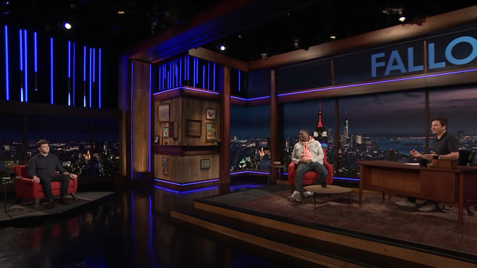 Jimmy Fallon talks SNL's Season 46 premiere with Michael Che and (way over there) Colin Jost