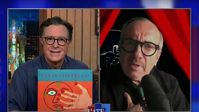 Elvis Costello reads superfan Stephen Colbert his lyrics for the perfect Trump rally anthem