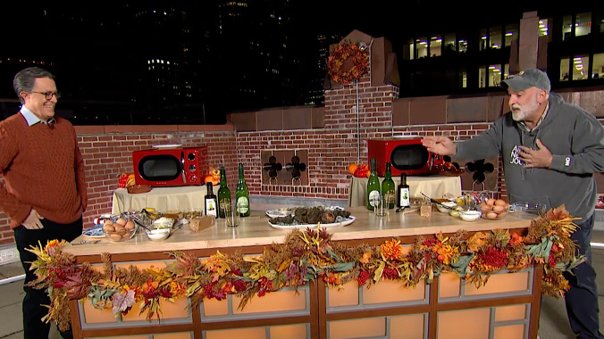 Stephen Colbert and Chef José Andrés do their annual Thanksgiving cooking segment from the roof