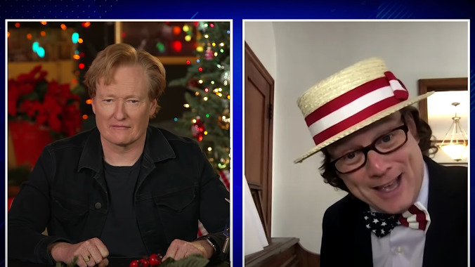 Andy Daly's political song parodist Tip Rivers plays Conan his latest, conspiracy-flavored hits