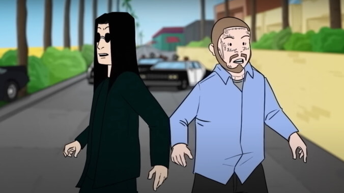 Cartoon Ozzy Osbourne and Post Malone escape the cops in "It's A Raid" music video